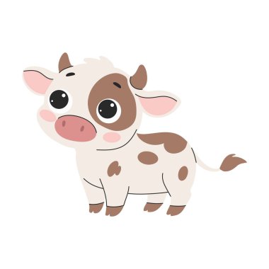 Şirin çizgi film ineği. Beyaz arkaplanda izole edilmiş vektör illüstrasyonu. Çiftlik hayvanları