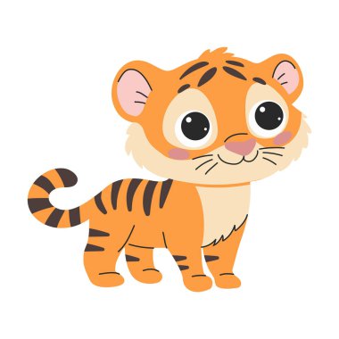 Tatlı çizgi film kaplanı. Beyaz arkaplanda izole edilmiş vektör illüstrasyonu. Kart, poster, tasarım, selamlama, çıkartmalar, oda dekorasyonu, tişört, çocuk kıyafetleri, davetiye, kitap.