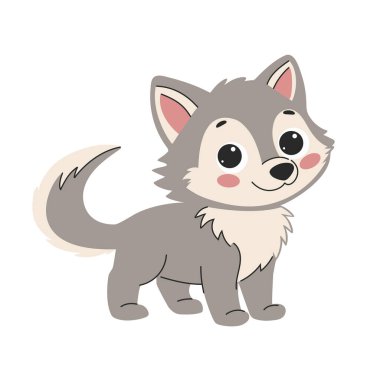 Düz vektör çizimi. Tatlı gri kurt. Beyaz arka plan Orman Hayvanı Üzerine Çocuk Resimleri.
