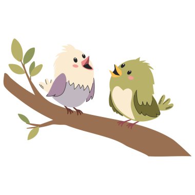 Beyaz arka planda şirin düz vektör çizimi. İki tatlı kuş bir dalda oturuyor.