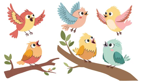 Bir grup sevimli kuş. Çocuk tarzında bir dizi düz vektör çizimi. Şirin kuşlar oturuyor ve uçuyor 