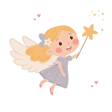 Çocuk tarzında düz vektör çizimi. Beyaz arka planda sihirli değneği olan sevimli bir peri prensesi. 