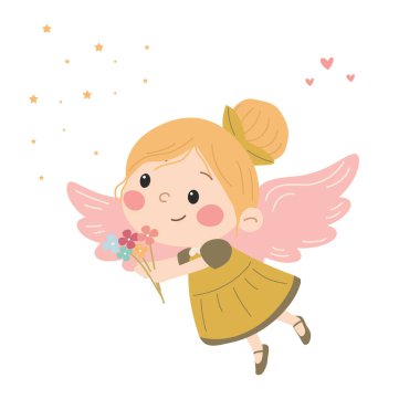 Bir buket çiçekli sevimli küçük peri prenses. Çocuk tarzında Vektör Düz vektör illüstrasyonu. 