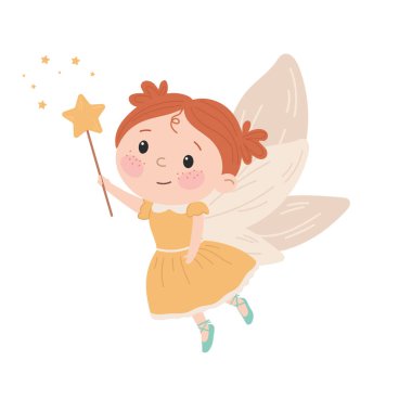 Çocuk tarzında düz vektör çizimi. Beyaz arka planda sihirli değneği olan sevimli bir peri prensesi. 