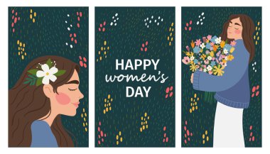 8 Mart 'ta Vector bahar bayramı afişi, Uluslararası Kadınlar Günü yazılı çiçekler içindeki kız. Feminizm kavramı, kadınların güçlendirilmesi, cinsiyet eşitliği.