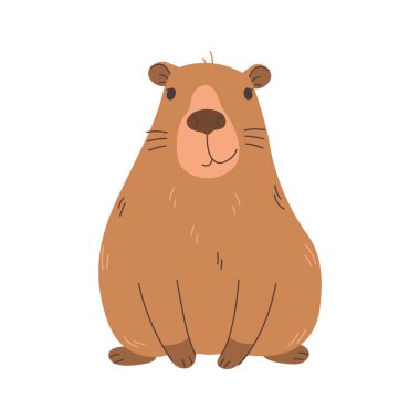 Tatlı Capybara. Komik hayvan karakterli kemirgen. Kartlar, tasarım, t-shirt tasarımı, baskı, çocuk koleksiyonu için düz bir illüstrasyon.