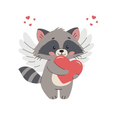 Sevgililer Günü için çocuk tarzında şirin bir vektör çizimi. Yürekli şirin rakun, vektör illüstrasyonu.
