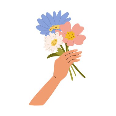 Isolated llustration bouquet of flowers in hand. Vector design concept for Valentines Day and other use.