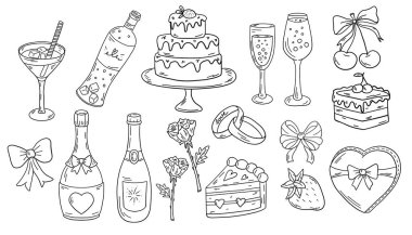 Tasarım için basit karalama çizimleri. Düğün unsurları, kalpler, romantik ikonlar. Sevgililer Günü. Aşk klip, gözlük, yüzük, şampanya, şarap, kek, browni, yüzük.