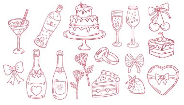 Tasarım için basit karalama çizimleri. Düğün unsurları, kalpler, romantik ikonlar. Sevgililer Günü. Aşk klip, gözlük, yüzük, şampanya, şarap, kek, browni, yüzük.
