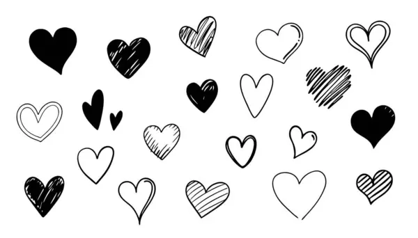 El çizimi kalpler hazır. Beyaz arka planda siyah ve beyaz kalpler. Vektör illüstrasyonu.
