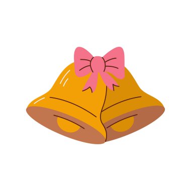 Beyaz arka planda kırmızı yaylı altın metal çan, Noel sembolü, okul zili. İzole tasarım. Vektör illüstrasyonu