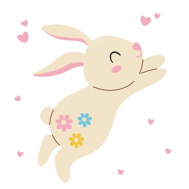 Çiçekleri ve kalpleri olan şirin bir Paskalya tavşanı. El çizimi vektör illüstrasyonu.