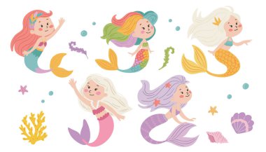 Şirin denizkızları seti. Çocuk tarzında şirin bir vektör. Farklı pozlarda tatlı denizkızları, denizyıldızları. 
