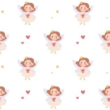 Basit bir çocuk tarzında kusursuz vektör deseni. Kanatlı prenses. Kanatları, yıldızları, kalpleri olan sevimli bir peri.