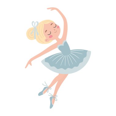 Küçük şirin bir kız bale yapıyor, çocuksu bir şekilde şirin bir illüstrasyon yapıyor. Beyaz arkaplanda izole edilmiş vektör ilüstrasyonu.