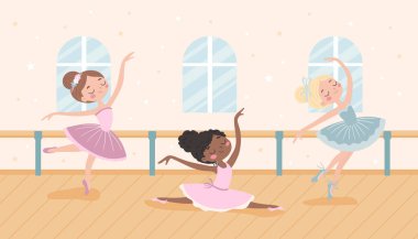 Bale sınıfındaki şirin küçük balerinler. Bale okulu. Vektör illüstrasyonu