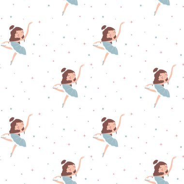 Çocuk tarzında kusursuz vektör deseni Sevimli balerin ve beyaz arka planda yıldızlar 