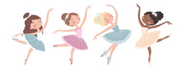 Farklı pozlarda küçük şirin balerinler koleksiyonu. Çocuk tarzında hoş bir illüstrasyon. Vektör illüstrasyonu.