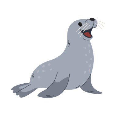 Beyaz arka planda izole edilmiş şirin fok çizimi vektör ilüstrasyonu. Su altı dünyası, okyanus, sualtı sakinleri