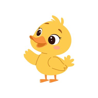 Beyaz arka planda şirin, sarı ördek yavrusu çizgi film vektörü çizimi