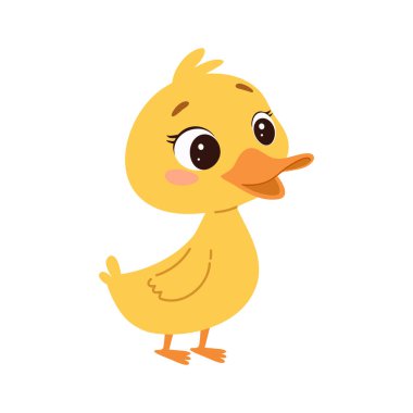 Beyaz arka planda şirin, sarı ördek yavrusu çizgi film vektörü çizimi