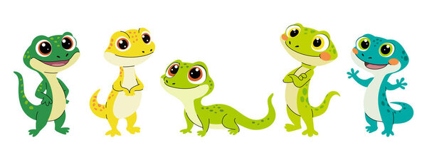 Set of cute cartoon gecko. Cute lizards with big eyes. Set of flat vector illustrations in children's style. Vector illustration on white background.