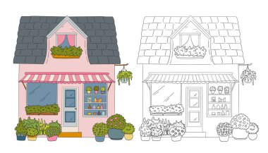 Çiçekli şirin çizgi film evi. Boyama kitabı için Vektör illüstrasyonu.