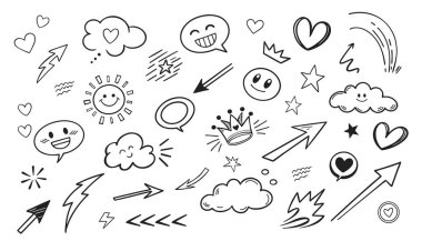 Çizim altı çizilmiş, vurgu yapılmış, ok şekli ayarlanmış. El çizimi fırça darbesi, vurgulama, konuşma balonu, altı çizili, parıltı elementi. Vektör illüstrasyonu.