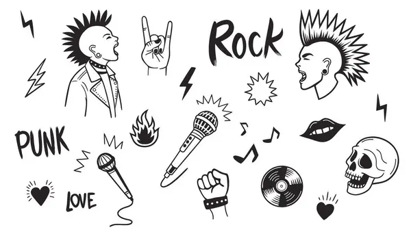 El çizimi rock müzik ikonları. Rock müzik karalama ikonu seti, vektör el çizilmiş grunge punk dövmesi, siyah karalama çıkartması, kafatası, dudaklar. Vektör illüstrasyonu