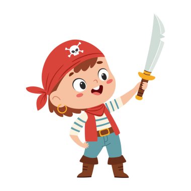 Korsan Kostümlü Şirin Küçük Çocuk Kılıç Vektör Resmini Tutuyor. Çocuk tarzında karikatür çizimi.
