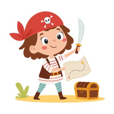 Kılıçlı ve korsan şapkalı korsan kız. Beyaz arka planda korsan kostümlü tatlı kız çocuğu. Şirin çizgi film vektör illüstrasyonu.