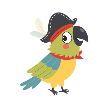 Korsan Şapka Giyen Sevimli Papağan Karakteri. Beyaz arka planda Vektör Resimleri. Çocuk tarzında karikatür çizimi.