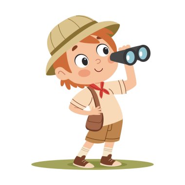 Dürbünlü bir izci. Basit bir çocuk tarzında düz vektör çizimi. beyaz arkaplan.