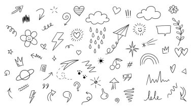 Elle çizilmiş oklar, bulutlar, yağmur, şimşek, kalpler, oklar, kalp, ok. Tasarımınız için vektör illüstrasyonu