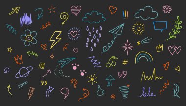 Elle çizilmiş oklar, bulutlar, yağmur, şimşek, kalpler, oklar, kalp, ok. Tasarımınız için vektör illüstrasyonu