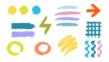 Ok fırça çizgisi tebeşir çizimi desen fırça vektörü seti. Boya kalemi çizimi, çizim, çizgi, ok, el fırçası tasarımı. Vektör illüstrasyonu. 