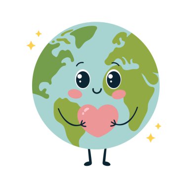 Kalp vektör çizimi olan sevimli bir çizgi film karakteri. Dünya günü konsepti. Düz stil ile çocukların çizimi