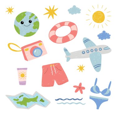 Yaz çıkartmaları seti. Seyahat ve tatil için bir takım elementler. Çocukların basit kalem çizimleri. El çizimi vektör illüstrasyonu.