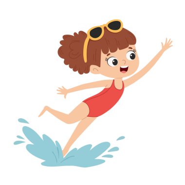Mayolu ve güneş gözlüklü şirin bir kız su vektörü çizimine atlıyor.