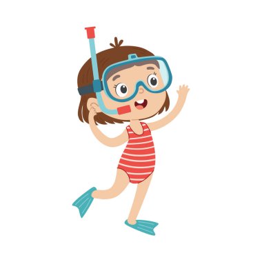 Dalış maskesi ve şnorkeli olan şirin bir kız. Çocuk tarzında beyaz arkaplan üzerindeki vektör illüstrasyonu