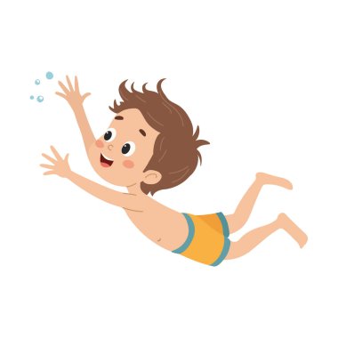 Mayo giymiş ve gözlüklü şirin bir çocuk yüzüyor. Beyaz arkaplanda çocukların düz vektör çizimi.