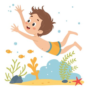 Mayo giymiş ve gözlüklü şirin bir çocuk yüzüyor. Beyaz arkaplanda çocukların düz vektör çizimi.