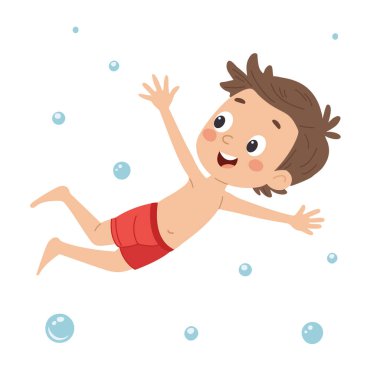 Mayo giymiş ve gözlüklü şirin bir çocuk yüzüyor. Beyaz arkaplanda çocukların düz vektör çizimi.