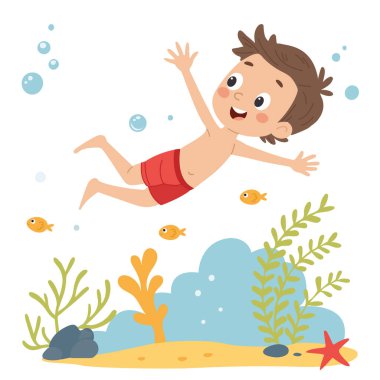 Mayo giymiş ve gözlüklü şirin bir çocuk yüzüyor. Beyaz arkaplanda çocukların düz vektör çizimi.