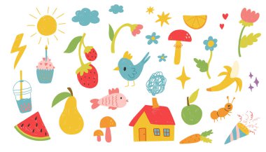 El çizimi basit dekoratif elementler seti. Çocuk tasarımı için el çizimi elementlerin şirin vektör kümesi.