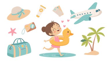 Bir dizi yaz gezisi ikonu. Renkli yaz elementleri ayarlandı. Çeşitli plaj ve yaz eserlerini içeren bir çıkartma koleksiyonu, düz çizgi film tarzında Vektör illüstrasyonu.