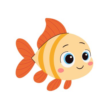 Tatlı çizgi film balığı. Beyaz arka planda çocuk tarzında vektör illüstrasyonu. Büyük gözlü komik hayvanlar.