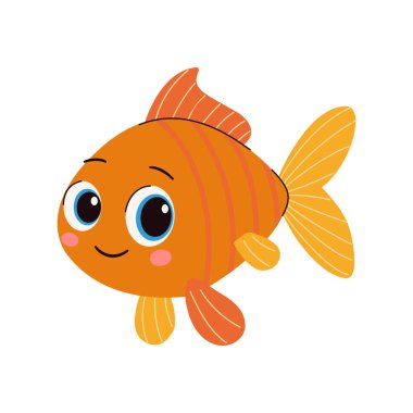 Tatlı çizgi film balığı. Beyaz arka planda çocuk tarzında vektör illüstrasyonu. Büyük gözlü komik hayvanlar.