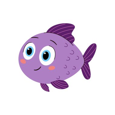 Tatlı çizgi film balığı. Beyaz arka planda çocuk tarzında vektör illüstrasyonu. Büyük gözlü komik hayvanlar.